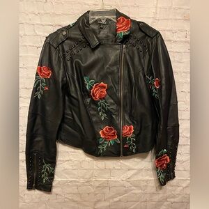 Torrid Black Leather Jacket with Red Rose Embroidery
